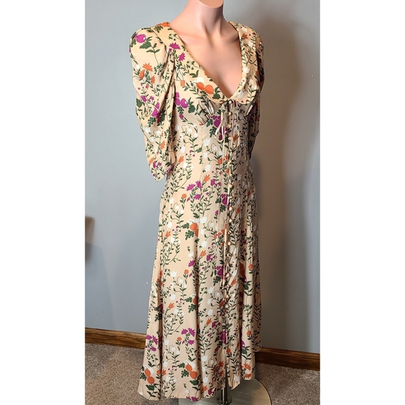 La Ligne Silk Floral Midi Dress Size 0 Empire Waist Cottage Parisian Luxury - Picture 5 of 14